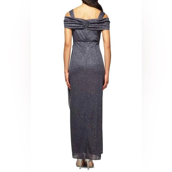 Alex Evenings Women’s Cold-Shoulder Draped Metallic Gown Smoke Sz 6 NWT - Picture 5 of 9